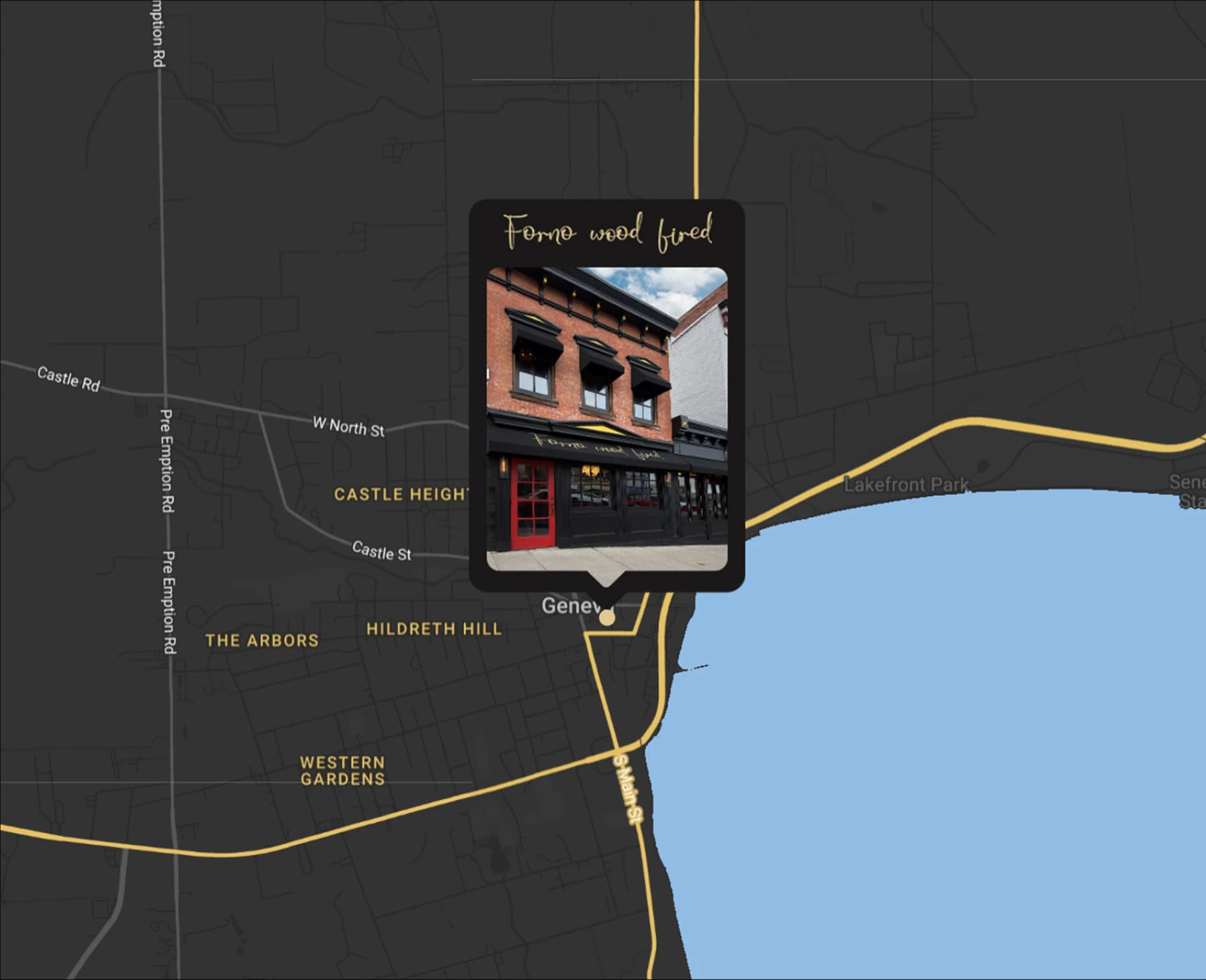Map showing Forno Wood Fired location on Seneca Lake in Geneva, NY