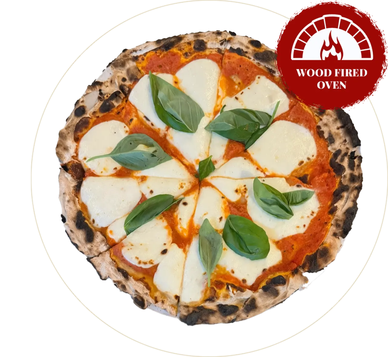 Wood-fired pizza topped with prosciutto, arugula, cherry tomatoes, and parmesan